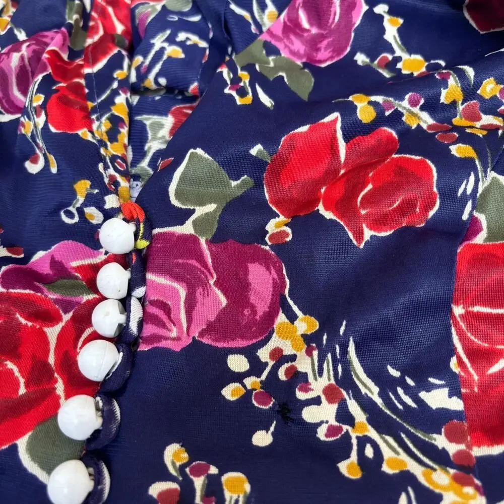 90'S VINTAGE GORGEOUS‎ FLORAL BUTTON UP BABY DOLL TIE BLOUSE MEDIUM.